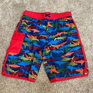 Lands' End Red and Blue Shark Print Swim trunk XL NWT